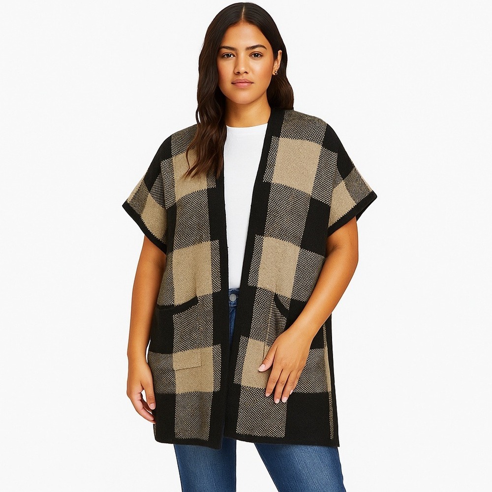 Oriana Sz XL Brown Buffalo Plaid Wool Blend Short Sleeve Cardigan Sweater‎
